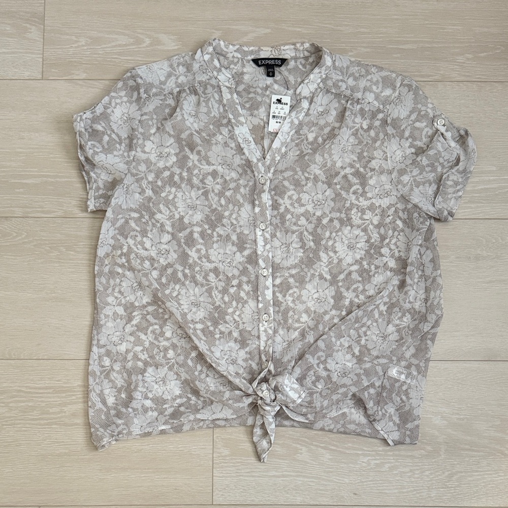 Express Cream White Floral Lace Button Down Short Sleeve Blouse